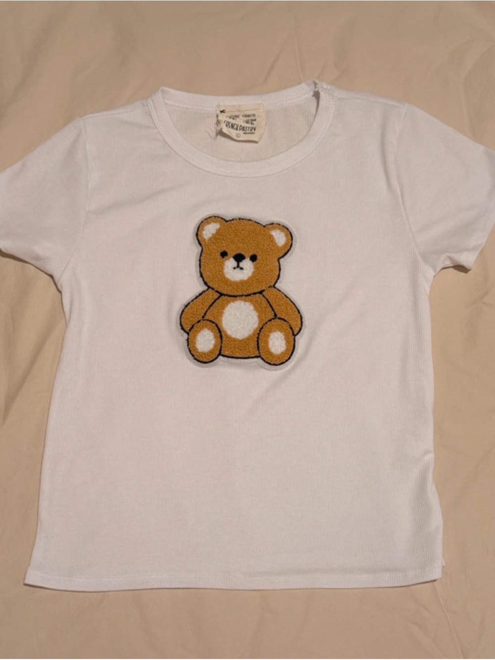 french pastry White Tee with Tan Teddy Patch - Short Sleeve Kids Top